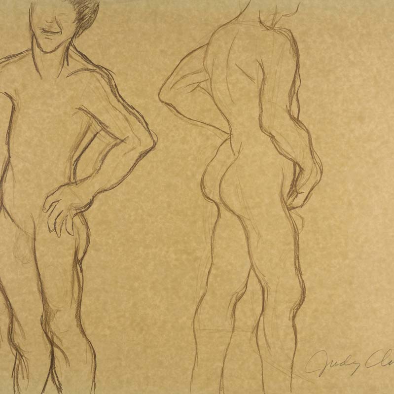 Drawing in brown of two nude male figures, one facing the other turned away from the viewer