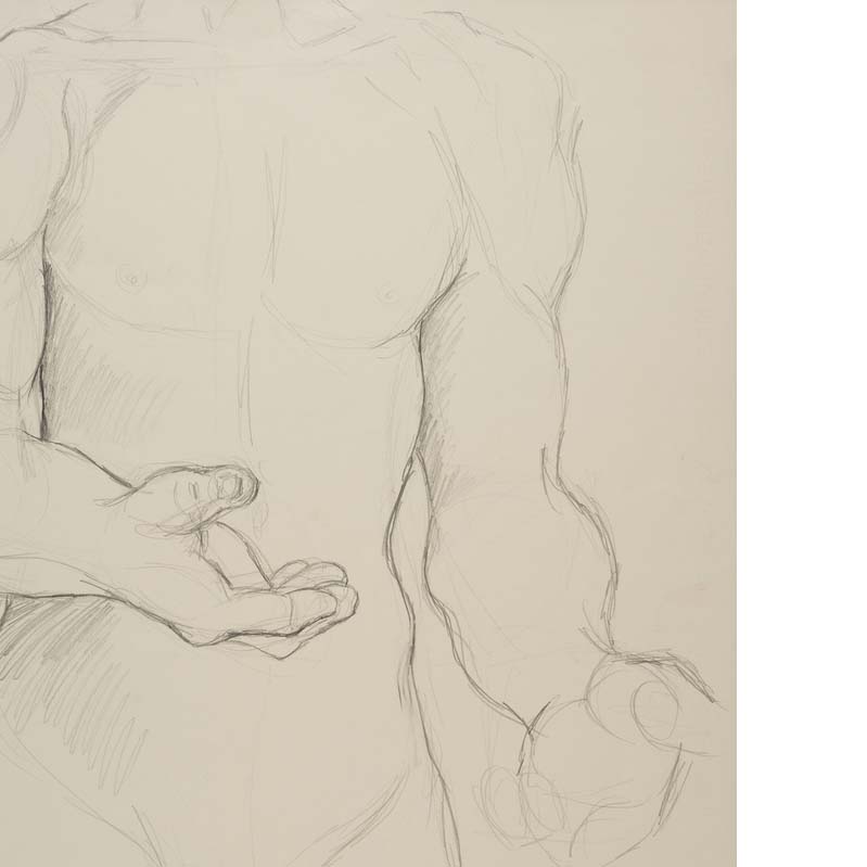 Black-and-white drawing of a male torso with arms extended toward the viewer