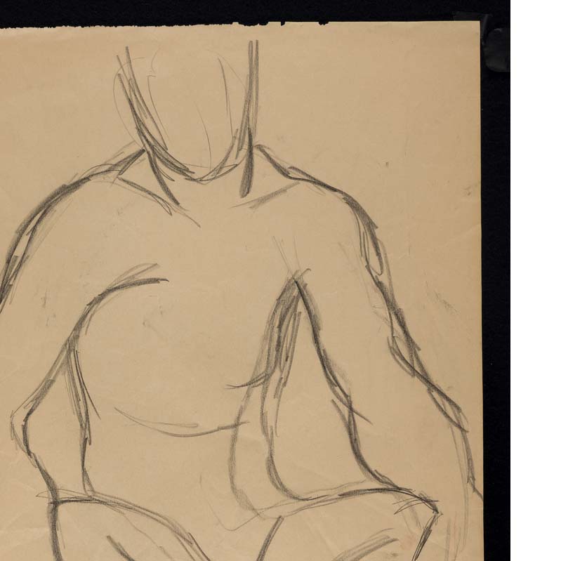 Black-and-white drawing of a nude man seated with legs crossed