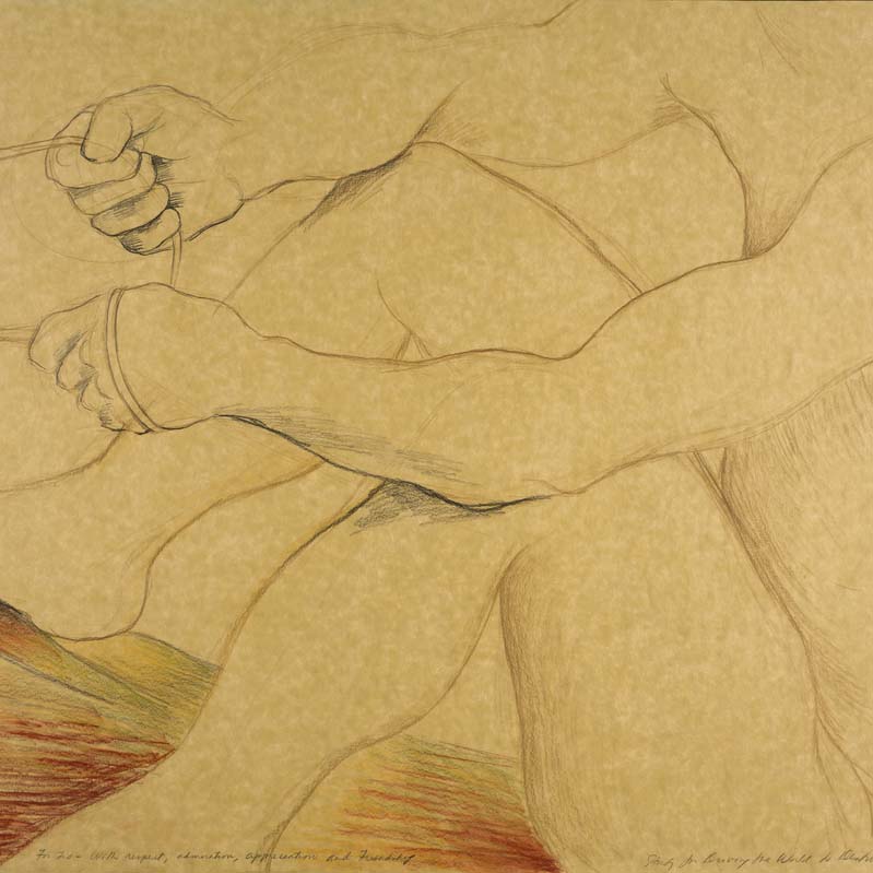 Drawing in earth tones of a seated nude man holding reins