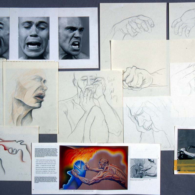 Collage of drawings, black and white photographs, and color reproductions of men's faces and body parts on a gray background