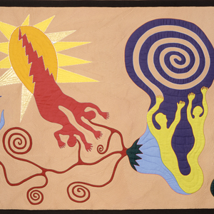 Pink quilt with two red figures emerging from a sun and two yellow figures reaching towards a purple spiral