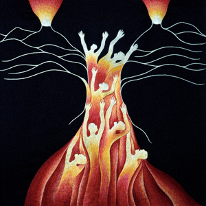 Textile depicting flames made of human figures rising out of the ground with two volcanoes in the background.
