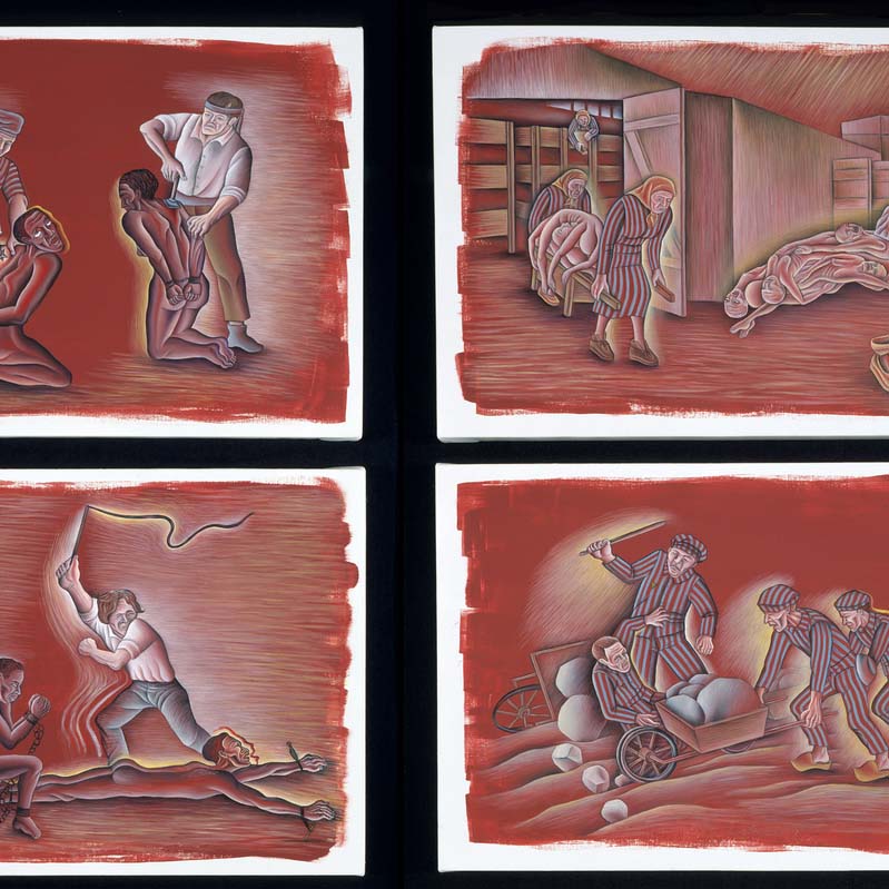 Six paintings arranged in a grid with violent imagery of American slavery and Nazi concentration camps