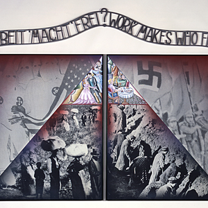 Panel with triangular, black and white photographic images of laborers topped with color paintings of people dancing and dining In the background are black and white images of the Ku Klux Klan and a Nazi parade while above is text in German and English