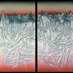 Painted diptych of bones and bodies under a rocky ground
