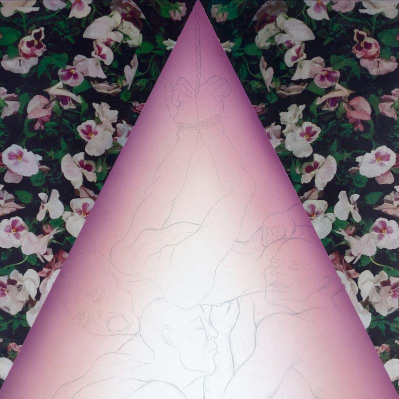 Mixed media work with the outlines of emaciated nude figures entwined inside a pink triangle on a floral background