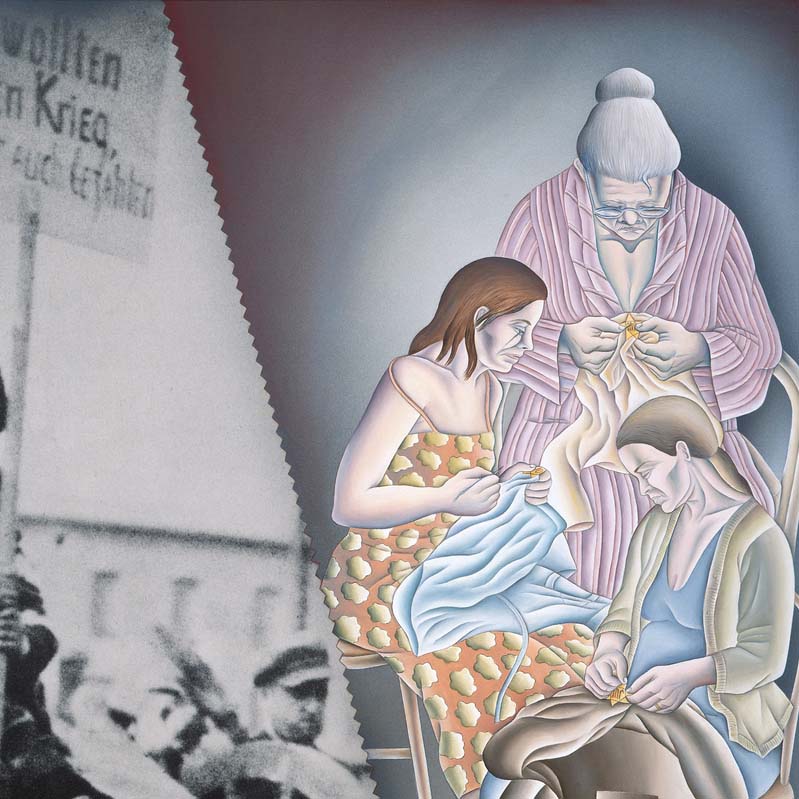 Detail of a painted photograph divided diagonally with a man sitting and holding a protest sign on a slanted surface on the left and three women sewing on the right