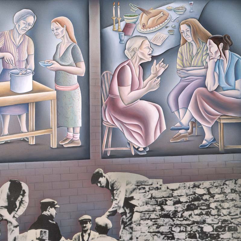 Detail of a painted photograph divided into three segments with women gathered around a pot, and three women sitting near a table with food above and men building a brick wall below