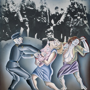 Color drawing of a soldier grabbing a baby out of a screaming woman’s arms in front of a black and white photograph of a soldier about to execute a man with a gun