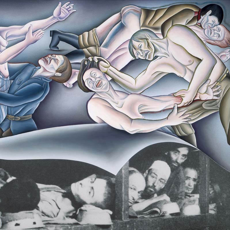 Detail of a painted photograph divided horizontally with soldiers beating and raping women above and emaciated men lying in crowded bunks below