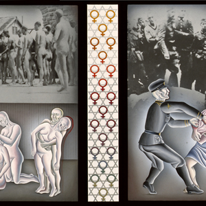 Five panels that depict the brutality towards Jewish women during the Holocaust using photographs and painting.