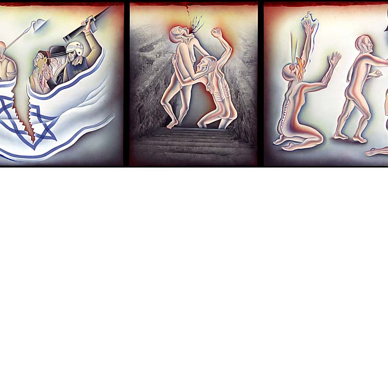 Painted triptych with two groups of people wrapped in a torn Israeli flag, two emaciated nude figures clutching each other, and four kneeling nude figures interacting with the profile of a helmeted soldier