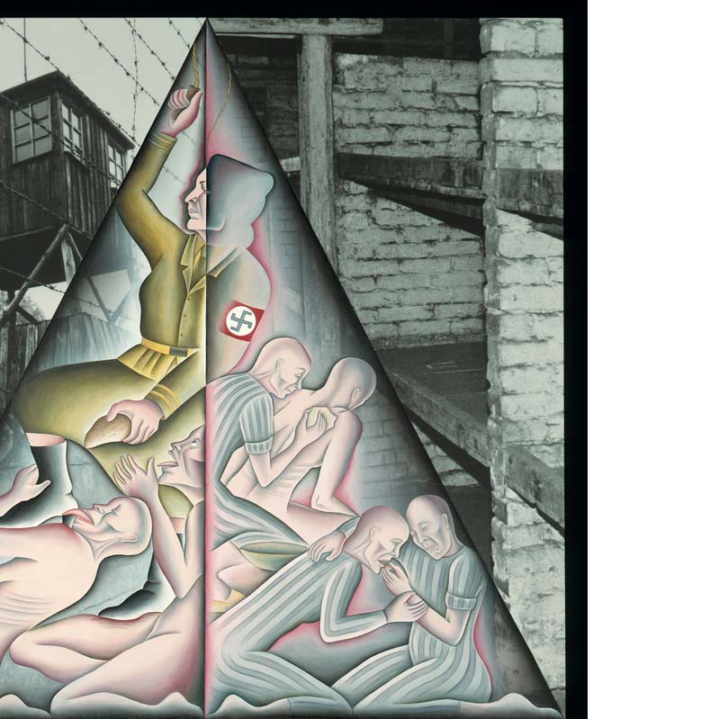 Painted photograph divided into two main sections with figures are entwined below a Nazi soldier inside a triangle and images of a guard tower and bunk beds in the background above and figures dancing and sitting at tables with drinks below