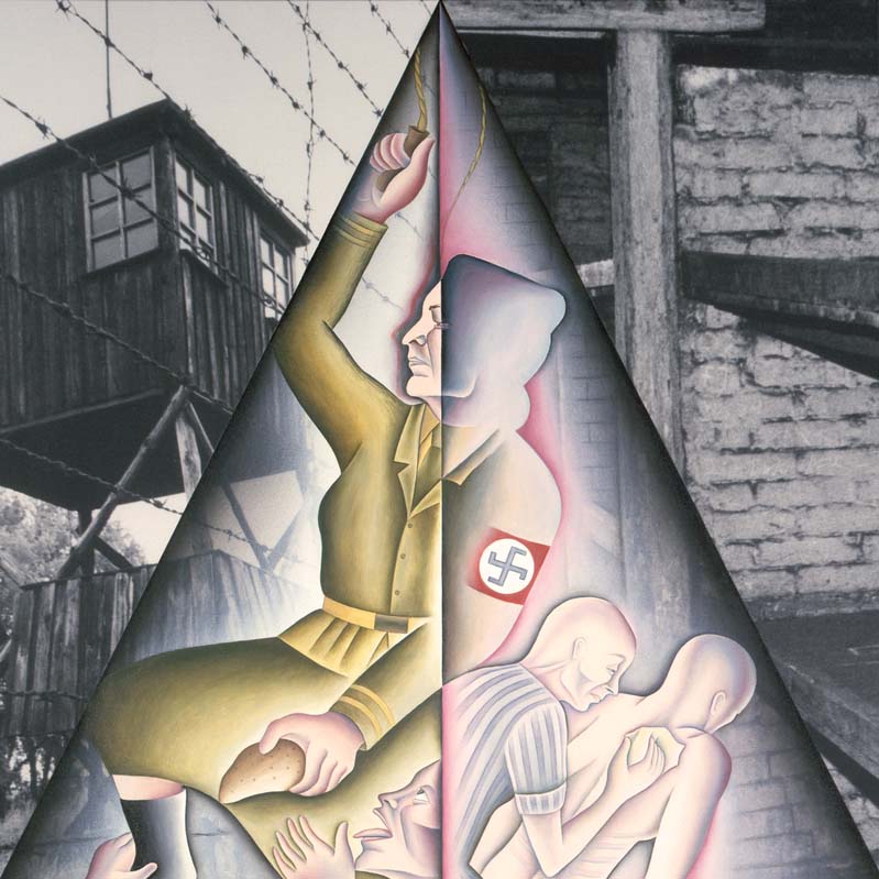 Detail of a painted photograph with nude figures licking the feet of a Nazi soldier and other figures comforting each other with a guardhouse and bunks from Nazi concentration camps above