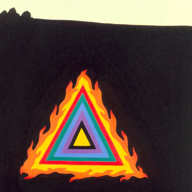 Painting of a rainbow-striped, flaming triangle on a black background with handwriting below