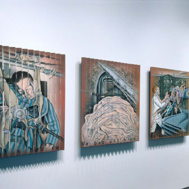 Color photograph of four square artworks with wartime imagery on a white wall