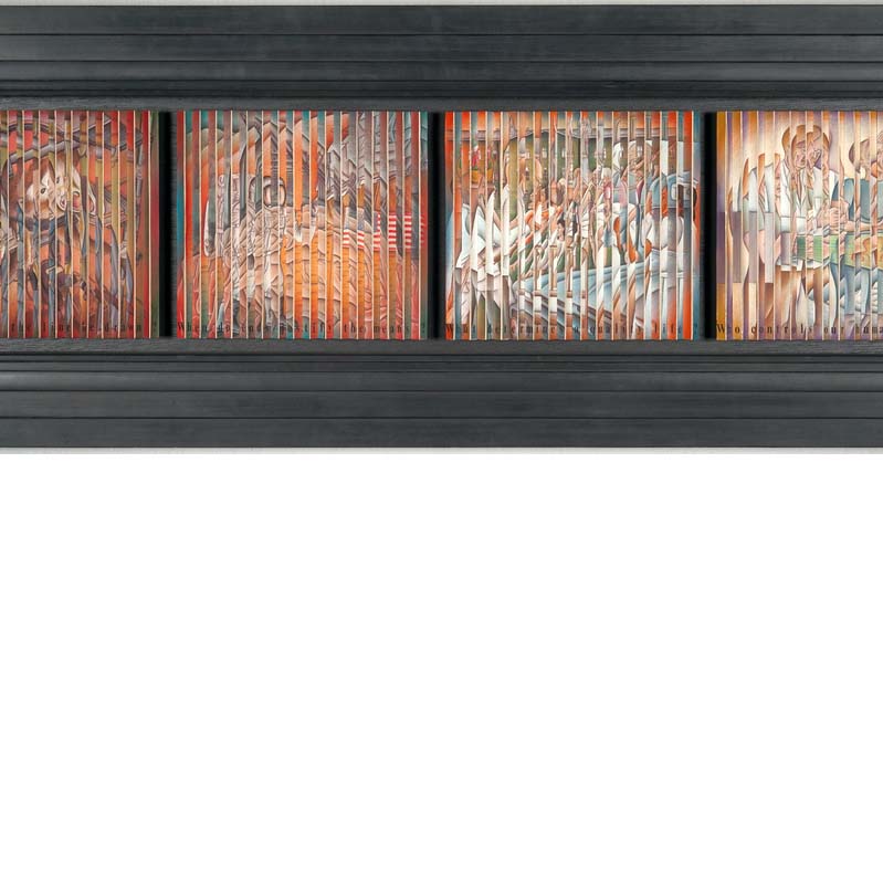 Framed artwork with four striated panels with figurative imagery