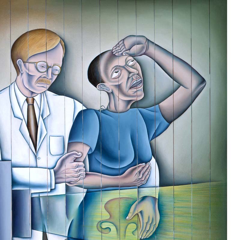 Painting of a man wearing a white coat holding a woman whose pelvis is being x-rayed by a ray of green light from a machine