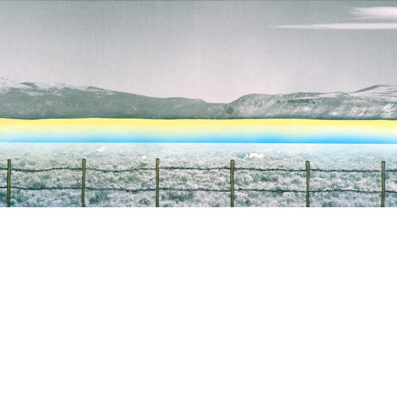 Painted photograph of a green, glowing plateau in a barren landscape behind barbed wire fencing