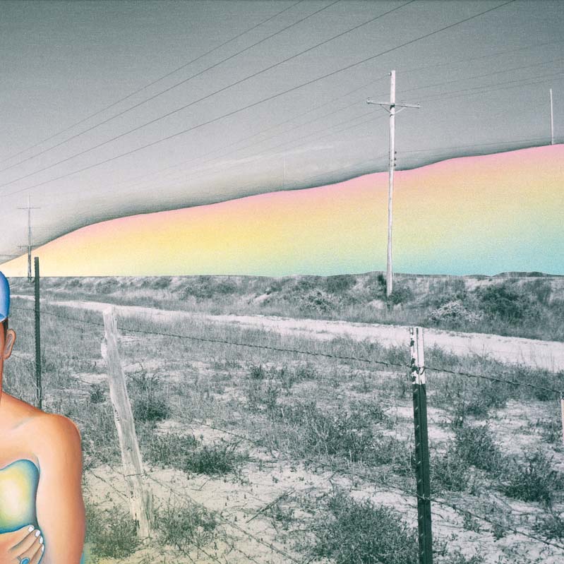 Painted photograph of a shirtless man wearing a miner's helmet standing next to a barbed wire fence with a glowing, rainbow-colored mountain range in the background
