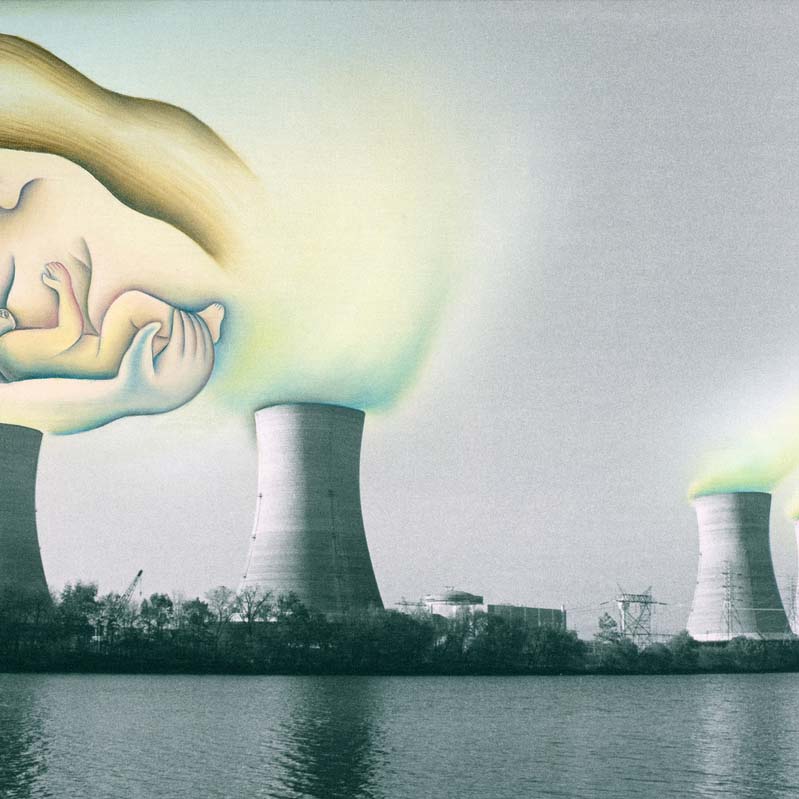 Painted photograph of a woman cradling a baby above nuclear reactors