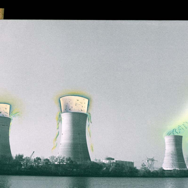 Painted photograph of four nuclear reactors with two topped with corks