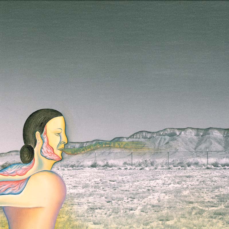 Painted photograph of a woman with lesions on her arms and face, exhaling over a barren landscape