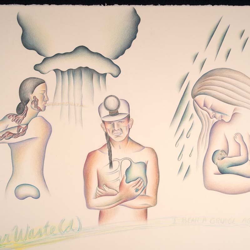 Drawing of three figures: a woman with lesions on her arms exhaling over a mushroom cloud, a man wearing a miner's hat cradling one of his lungs, and a mother cradling a baby in the rain