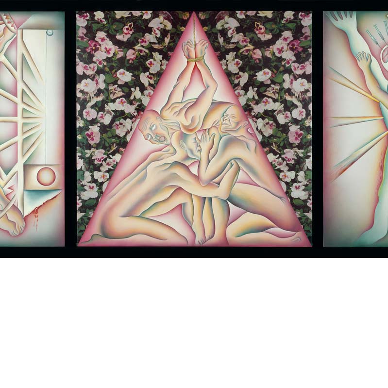 Mixed media triptych with illustrations of nude figures being tortured and a floral background