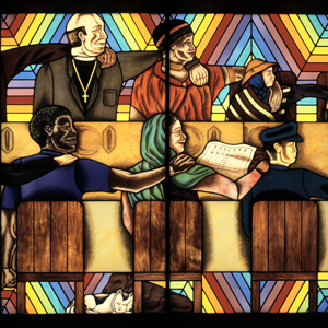 Stained glass window with a group of people of different religions, nationalities, and races sitting at a table looking at a woman leading a religious ceremony.