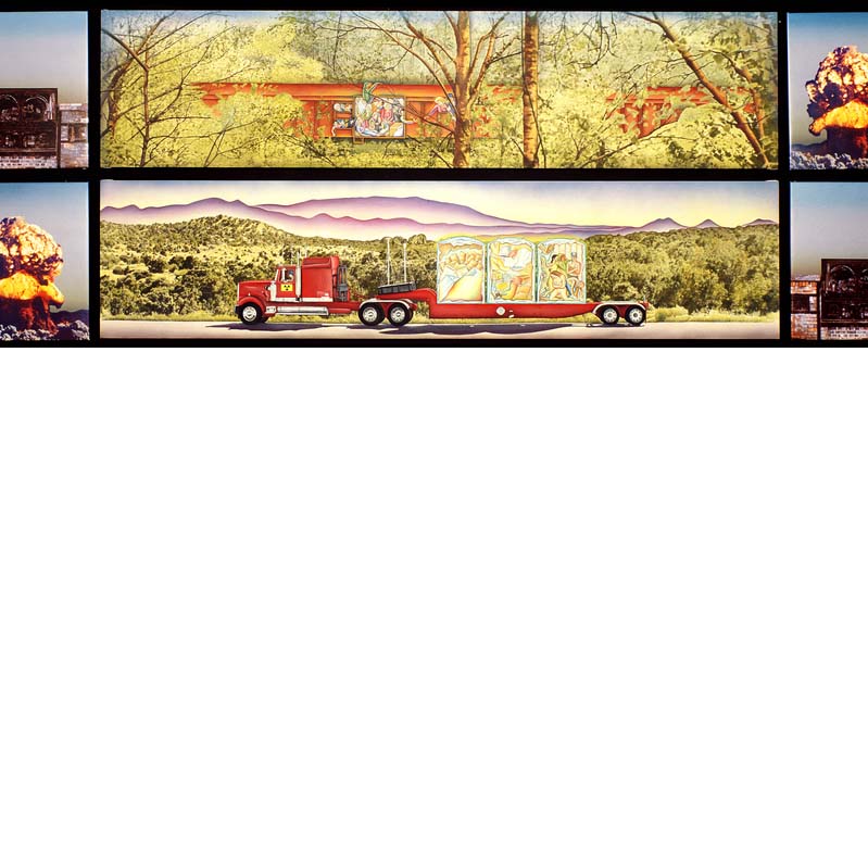Multi-panel mixed media wall work with nude figures, mushroom clouds, a boxcar, a semi truck with a trailer, and unidentified machinery