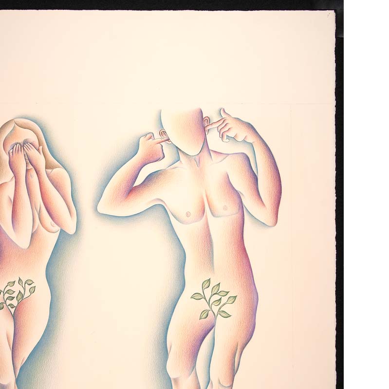 Drawing of a nude woman holding her hands over her face and a nude man inserting his fingers into his ears with vegetation over their pubic areas