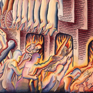 Detail of a textile work with Nazis pushing people into flaming ovens under a row of pigs hanging overhead