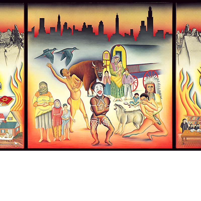 Painted triptych with various indigenous and nomadic people and animals flanked by a woman at a table and a rabbi holding the Torah