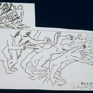 Two black and white sketches of people fighting