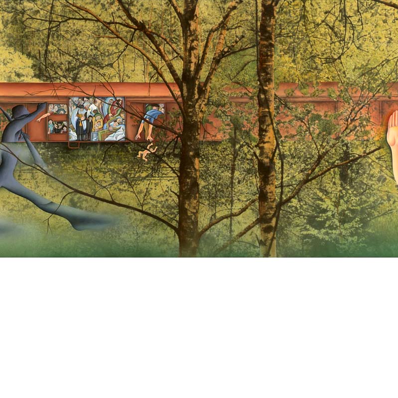 Painted photograph of a boxcar crowded with people flanked by a nude woman with her hands over her face, a purple soldier, and a nude man raising his arms with green foliage all around