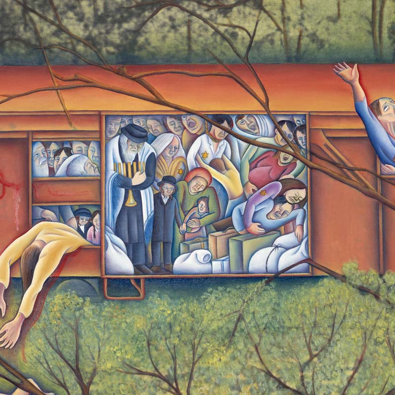 Detail of a painted photograph of a naked child falling out of a crowded boxcar