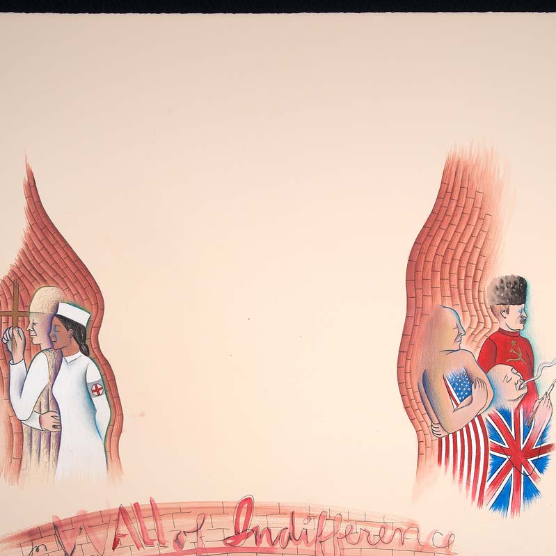 Drawing of a religious figure and a nurse on one side and three figures clothed in national flags on the other, both turning away from the empty center with handwriting below