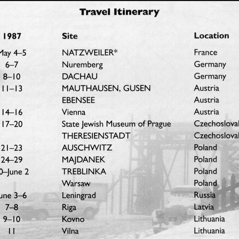 Printed page with a list of dates, sites, and countries in Europe
