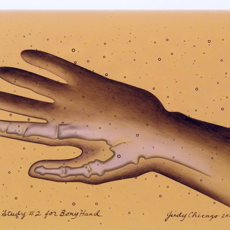 Painting in shades of brown and pink of an outstretched hand with exposed bones