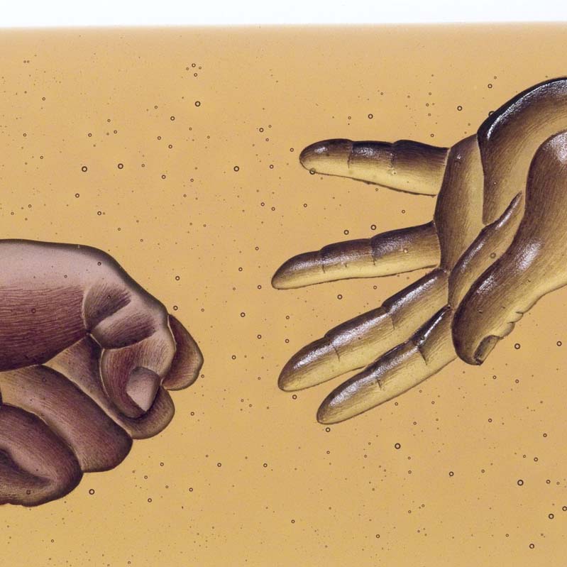 Painting in shades of brown of two hands reaching toward each other where one hand is in a fist