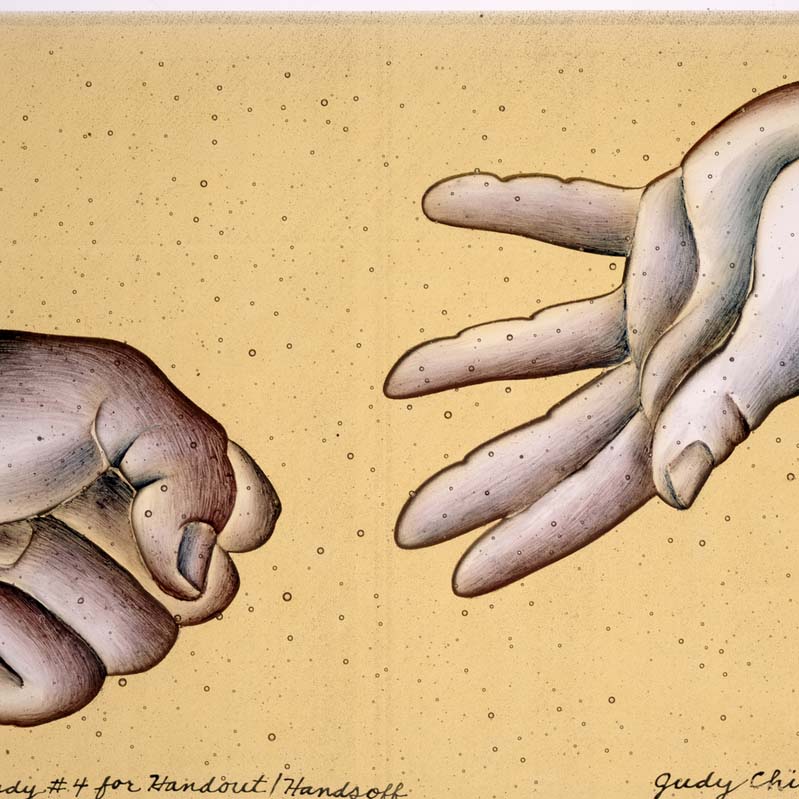 Painting in shades of white, pink, and brown of two outstretched hands reaching toward each other where one hand is in a fist