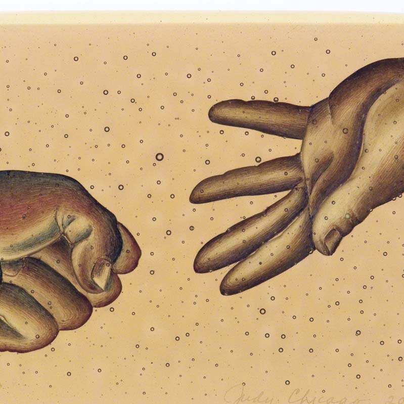 Painting of two brown hands reaching toward each other with one hand in a fist