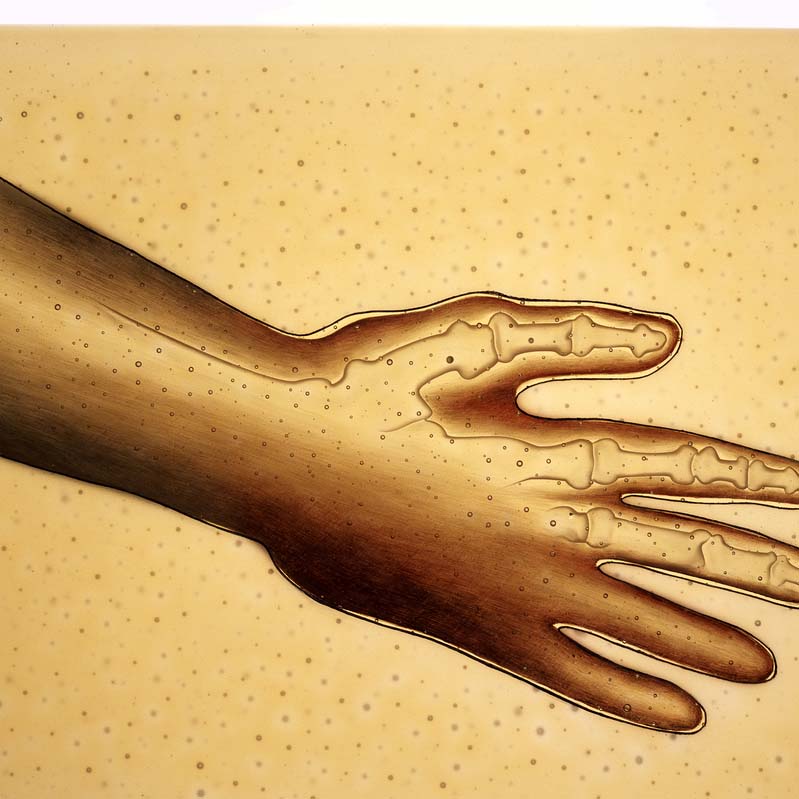Painting in shades of brown of an outstretched hand with exposed bones