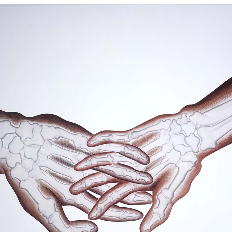 Painting of two hands holding hands with exposed bones