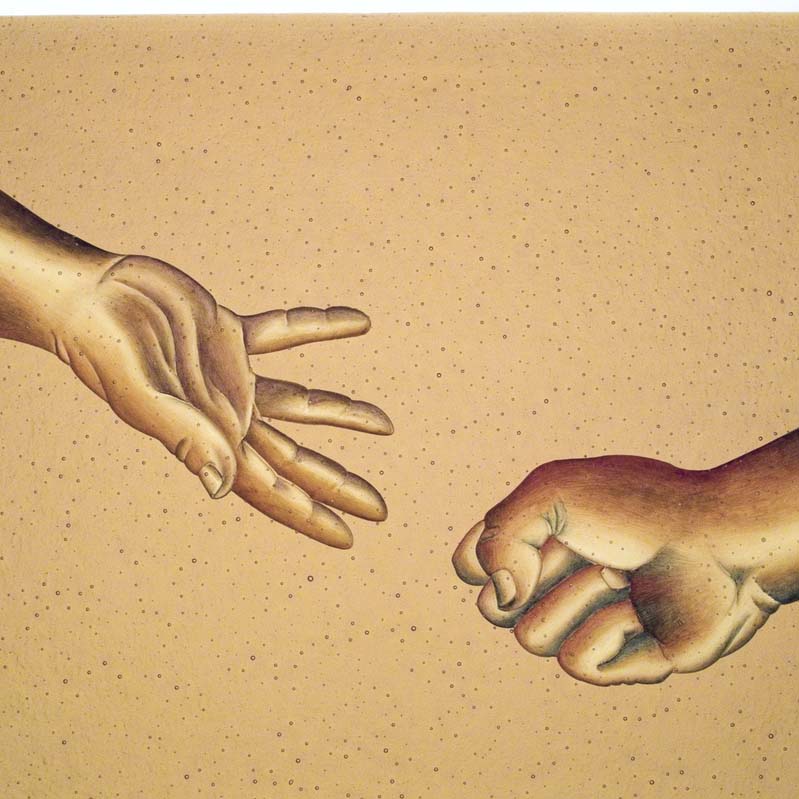 Painting in earth tones of two hands reaching for each other where one hand is making a fist