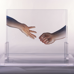 Painted glass panels with an open hand reaching for a closed fist