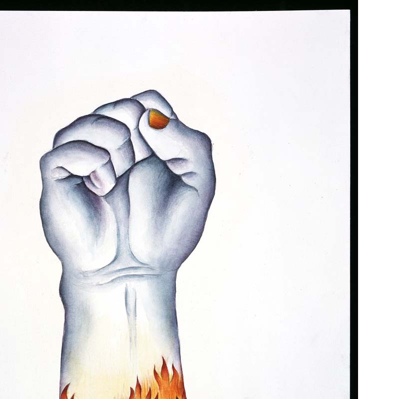 Drawing of a raised white fist with orange flames around the base