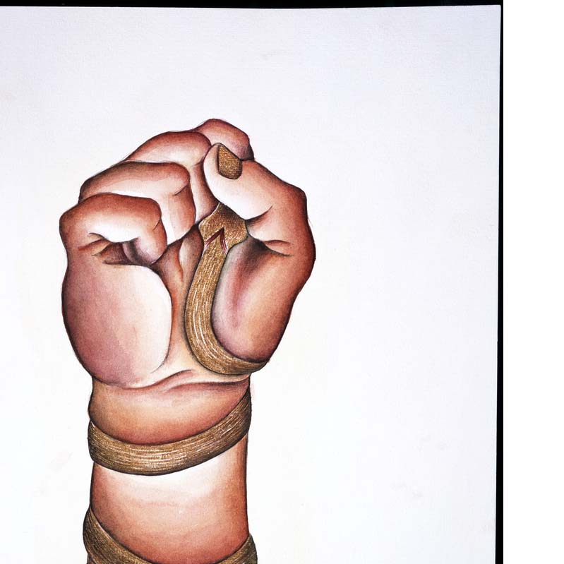 Drawing of a brown raised fist with a gold snake coiled around it